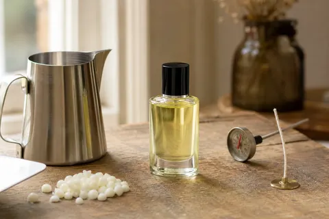 Flacon de concentré de parfum pour bougies posé sur un établi avec cire et thermomètre
