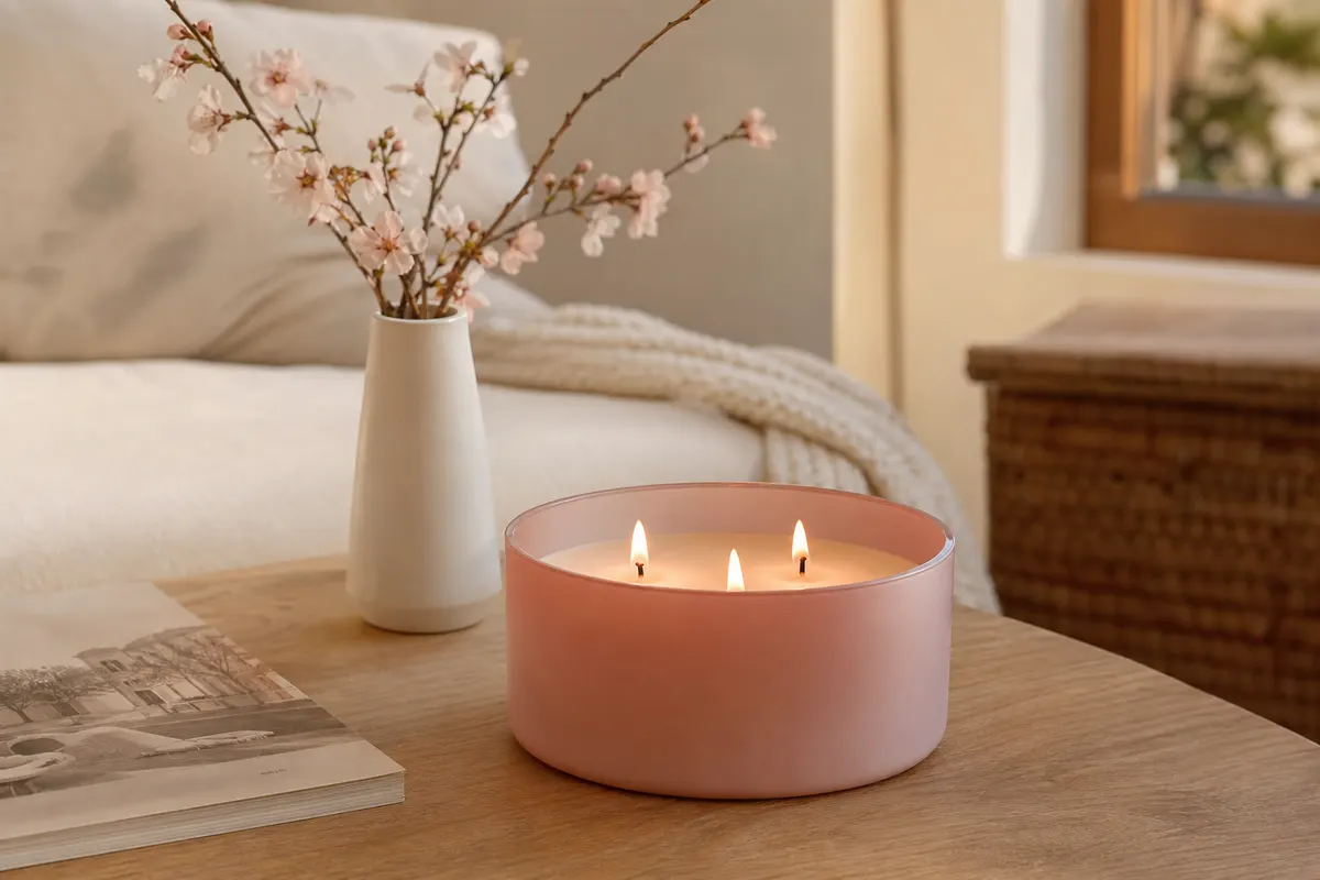 Grande bougie rose poudré à trois mèches allumées, posée sur une table basse en bois clair