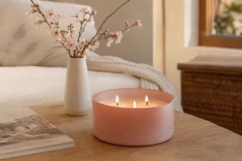Grande bougie rose poudré à trois mèches allumées, posée sur une table basse en bois clair