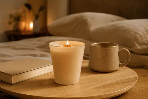 Bougie en verre conique crème à mèche en bois allumée sur une table de chevet en bois