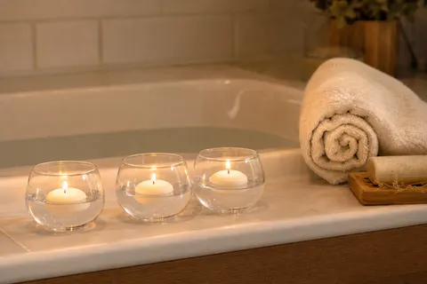 Petites bougies flottantes blanches allumées dans des verrines posées sur le rebord d'une baignoire