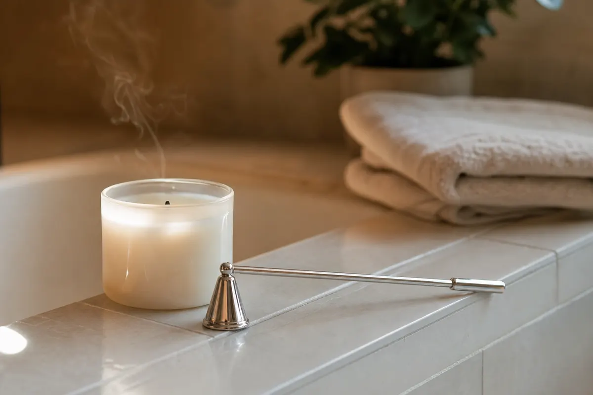 Éteignoir argenté à long manche posé sur un rebord de baignoire près d'une bougie en pot qui vient d'être éteinte