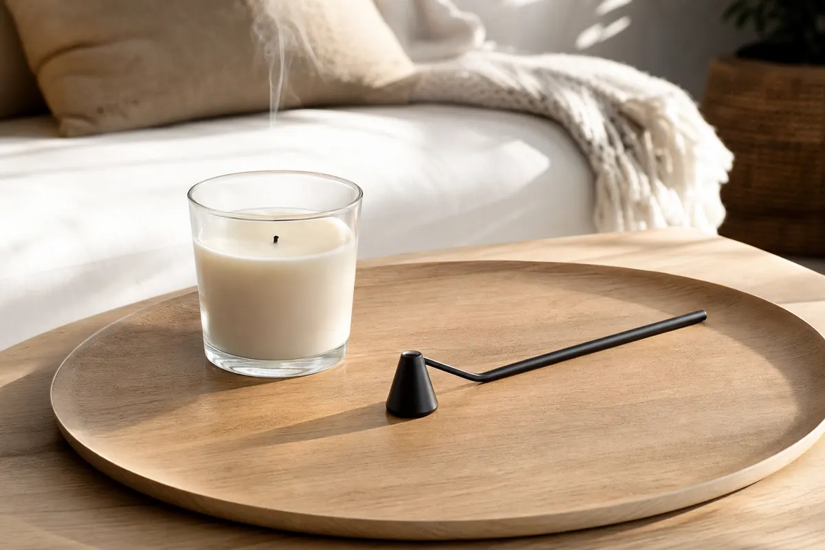 Éteignoir à bougie cloche en acier noir à manche long posé sur un plateau en bois près d'une bougie en pot éteinte