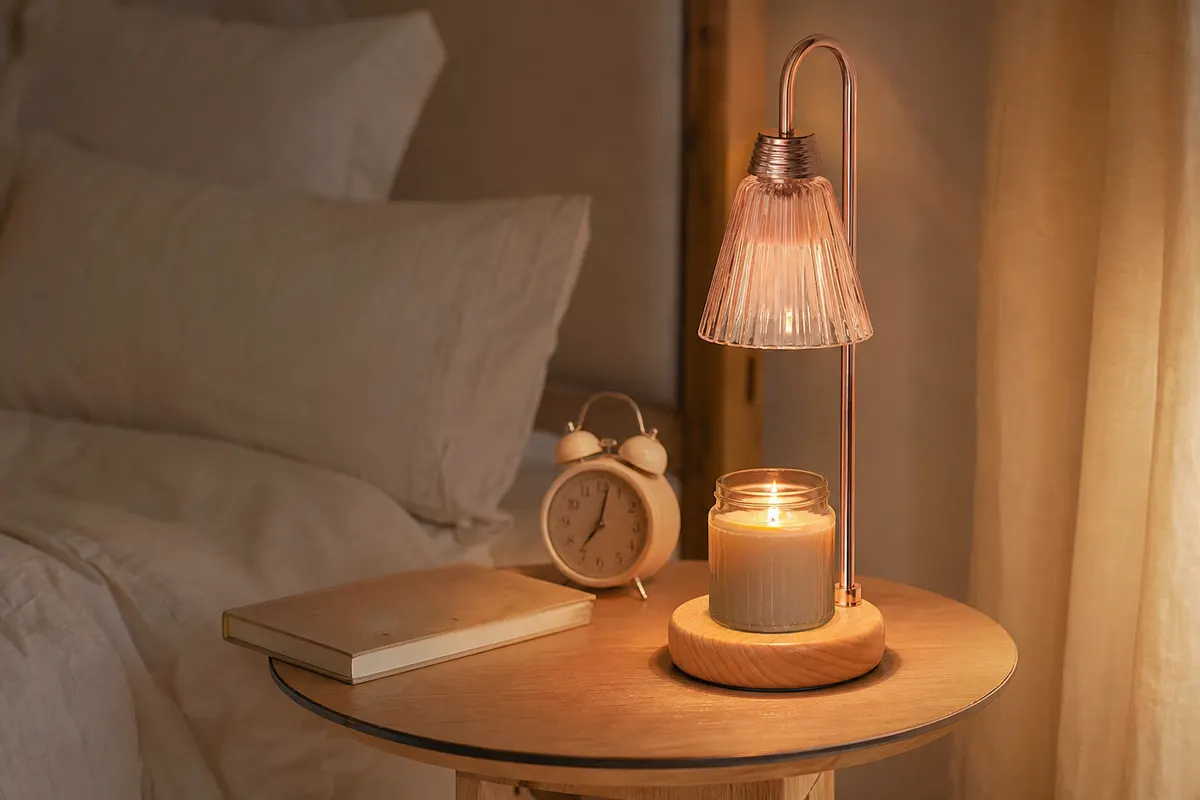 Lampe chauffe-bougie rose sur une table de chevet éclairant une bougie en pot dans une chambre