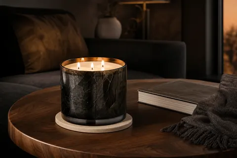 Grande bougie à trois mèches allumées dans un pot en verre noir marbré sur une table basse