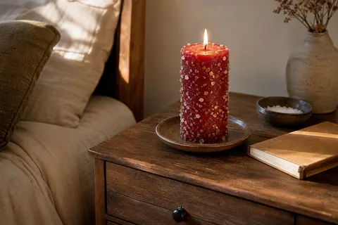 Bougie pilier rouge parsemée de sel et de résines, allumée sur une assiette en grès posée sur une commode en bois