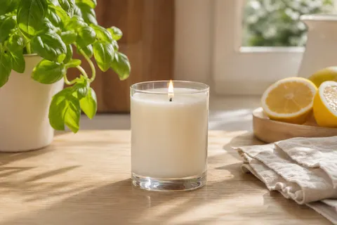 Bougie en verre minimaliste à cire blanc cassé, mèche allumée, posée sur un plan de travail près d'un pot de basilic