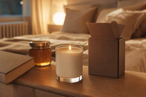 Bougie parfumée en verre droit allumée sur une table de chevet à côté de sa boîte en carton