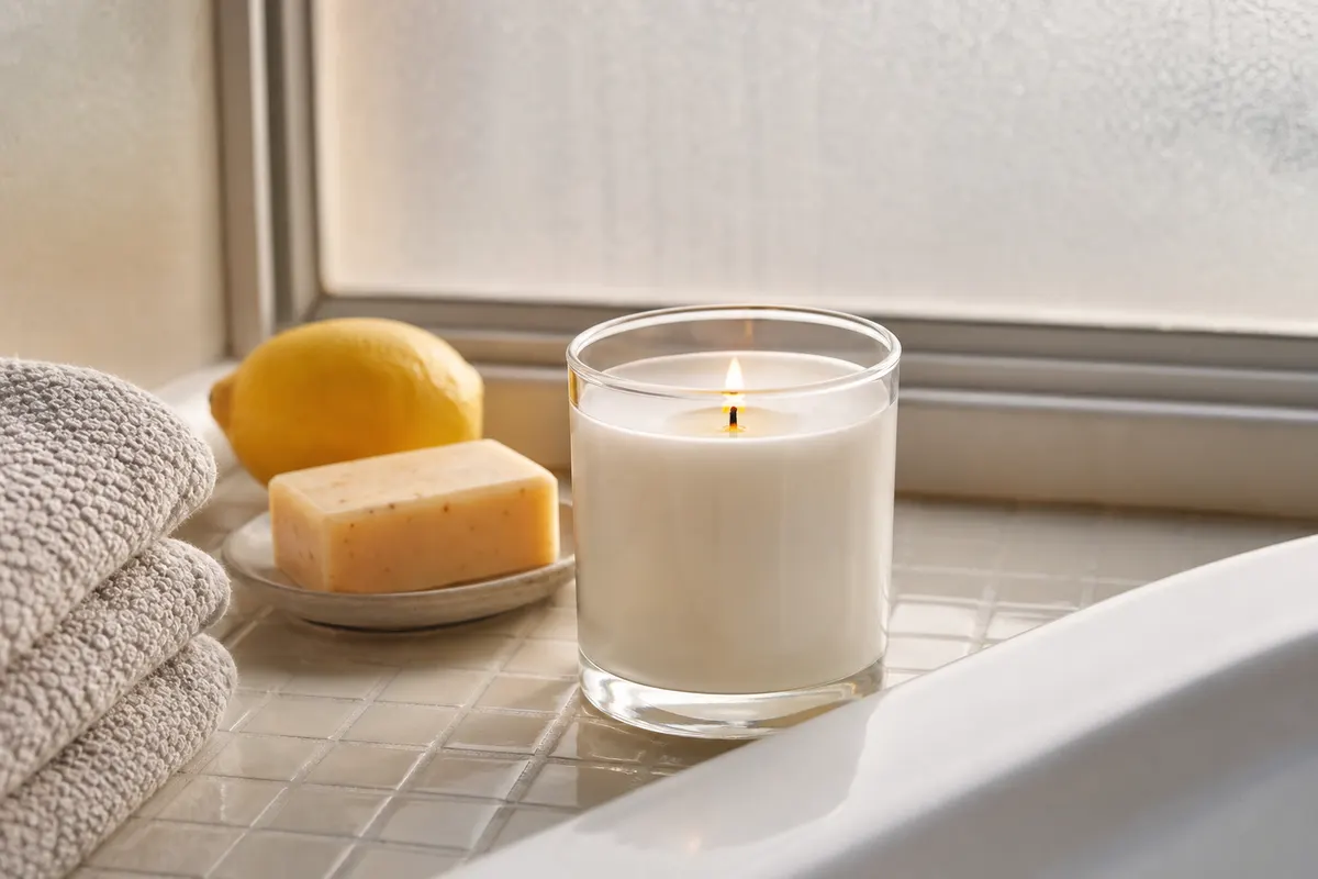 Bougie en verre transparent à mèche allumée, posée sur un rebord de baignoire près de serviettes grises et d'un savon