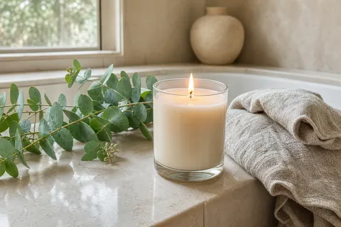 Bougie parfumée en pot de verre transparent allumée sur un rebord de baignoire en pierre claire