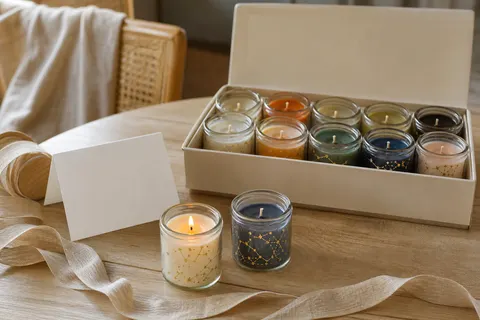 Coffret ouvert de douze petites bougies en pots de verre à motifs de constellations, dont une allumée, sur une table