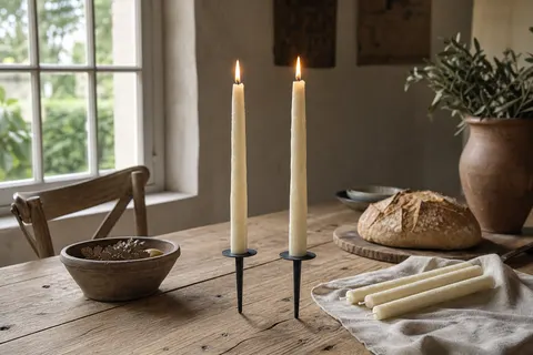 Chandelles rustiques ivoire de 23 cm sur des piques en fer noir, sur une table en bois brut