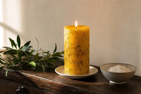 Bougie cylindrique jaune couverte d'herbes séchées et de sel, allumée sur une assiette en céramique