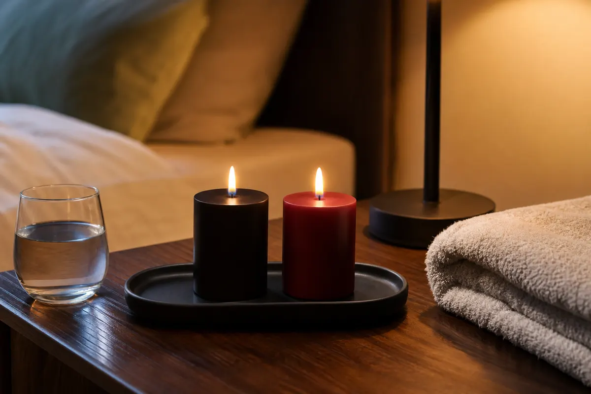 Deux petites bougies piliers en cire de soja, une noire et une rouge, sur un plateau en métal noir mat