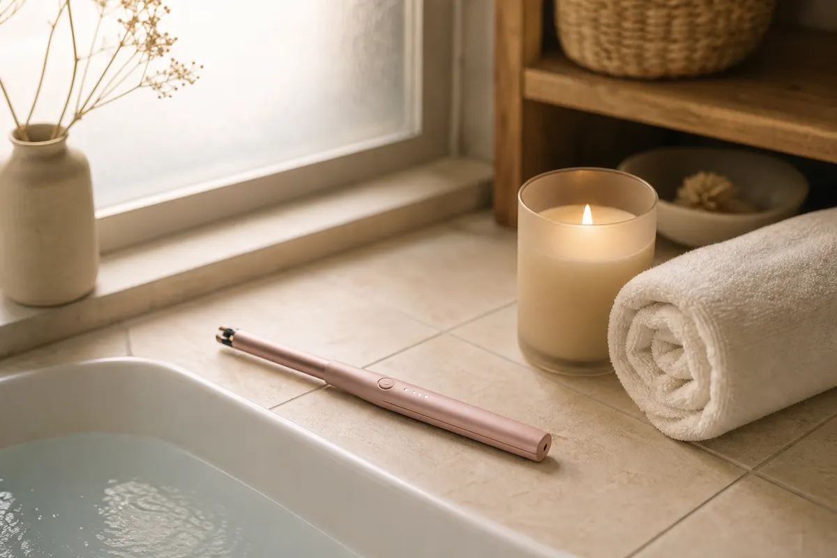Allume-bougie électrique à arc rose posé sur un rebord de baignoire carrelé près d’une bougie en verre dépoli