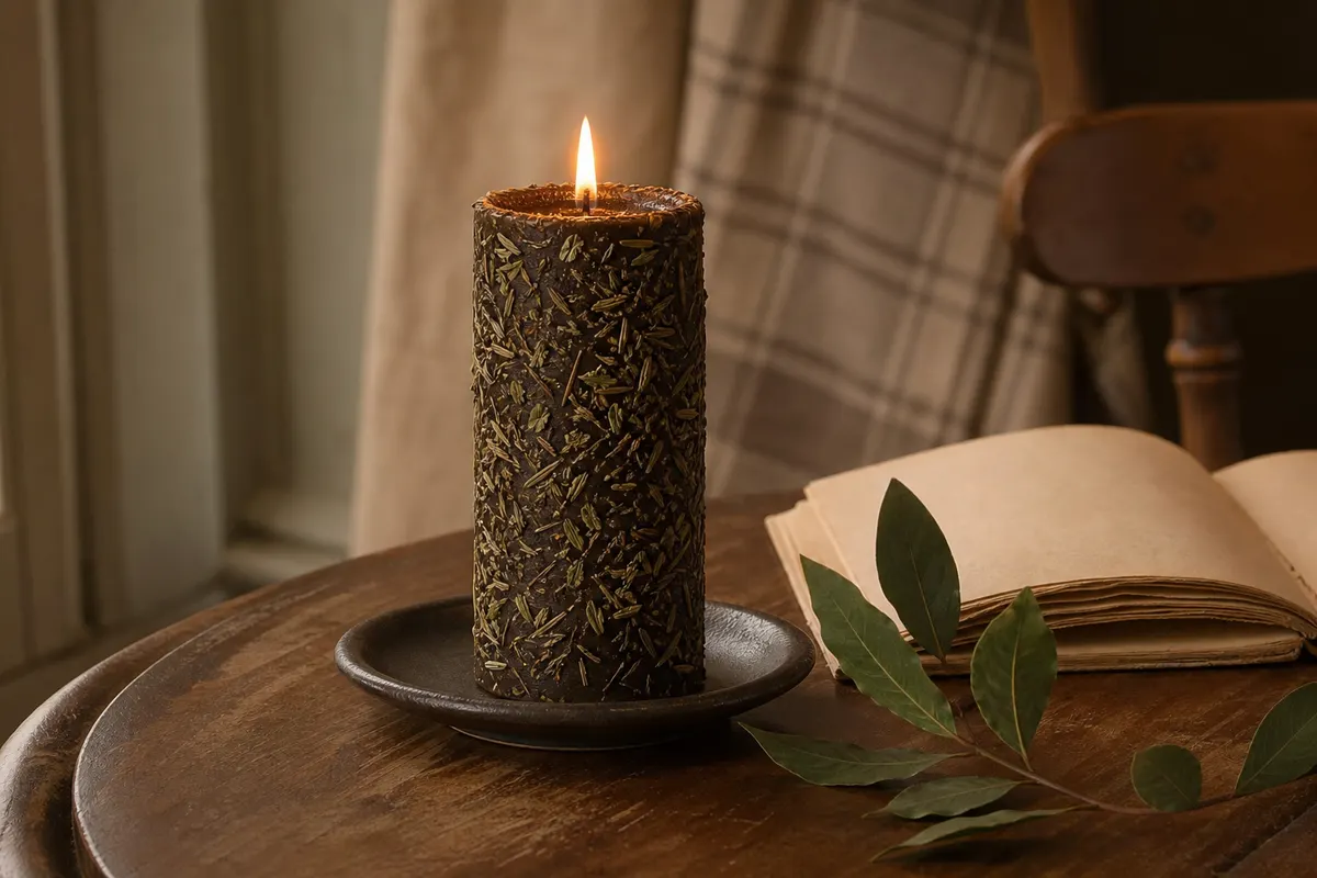 Bougie cylindrique foncée couverte d'herbes séchées, allumée sur une assiette en grès près d'un livret