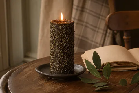 Bougie cylindrique foncée couverte d'herbes séchées, allumée sur une assiette en grès près d'un livret