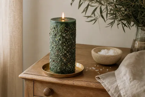Bougie cylindrique verte incrustée de sel et de résines, allumée sur une soucoupe en laiton