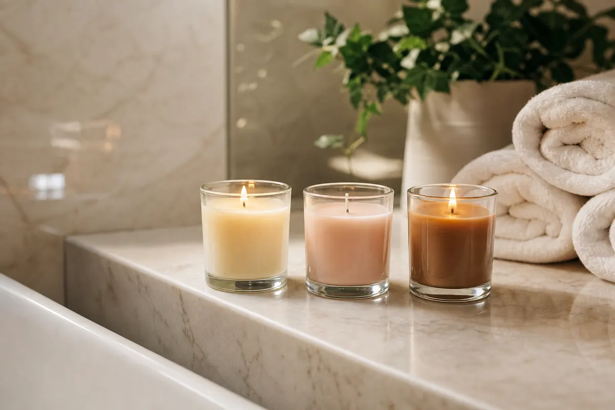 Trois mini bougies votives en verre, deux allumées, alignées sur le rebord de marbre d'une salle de bain