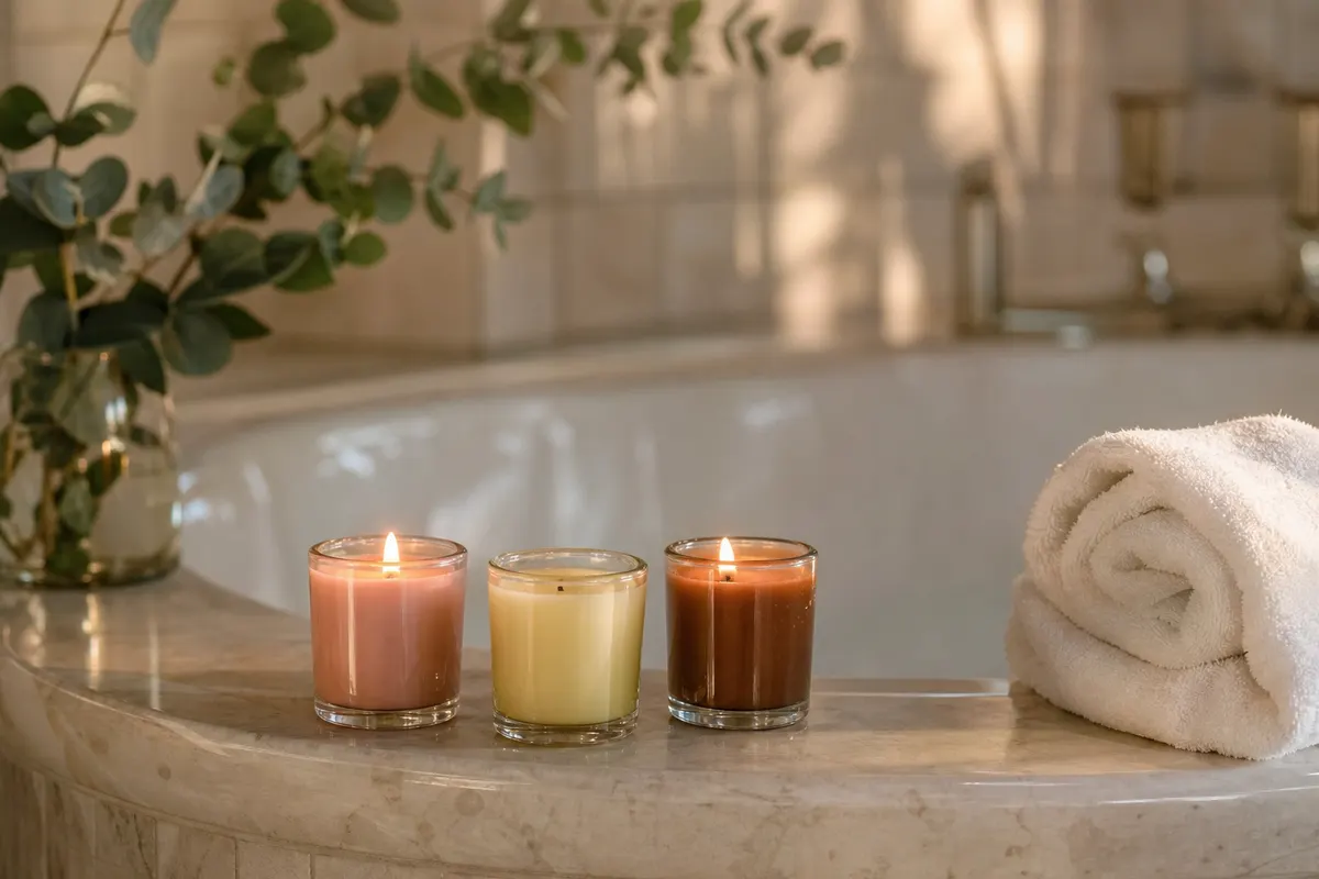 Trois mini bougies votives parfumées, deux allumées, posées sur le rebord de marbre d'une salle de bain claire