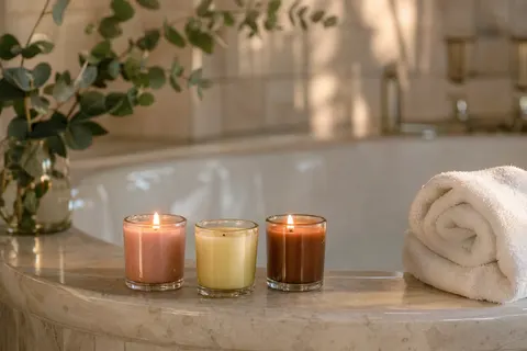 Trois mini bougies votives parfumées, deux allumées, posées sur le rebord de marbre d'une salle de bain claire