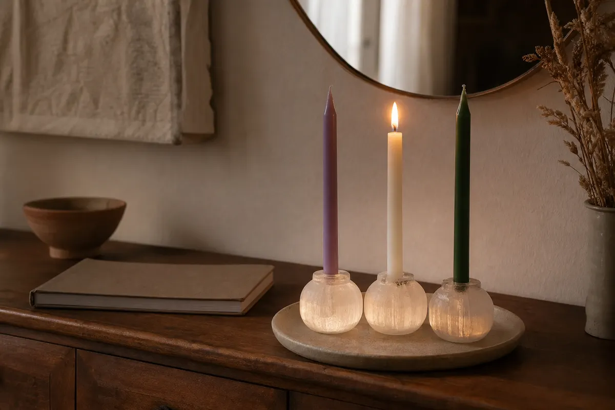 Bougies fines colorées dans des bougeoirs en sélénite translucide posés sur une commode en bois