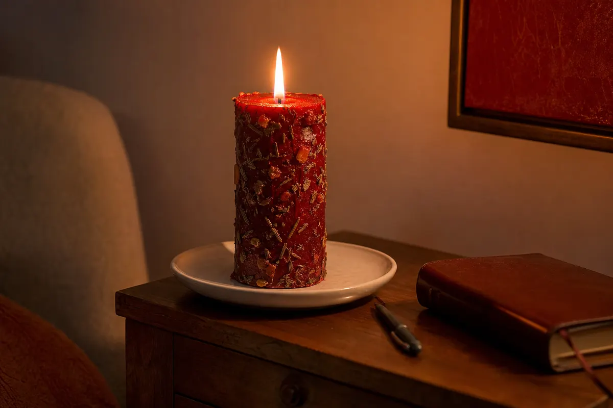 Bougie cylindrique rouge couverte d'herbes séchées, allumée sur une assiette blanche près d'un carnet