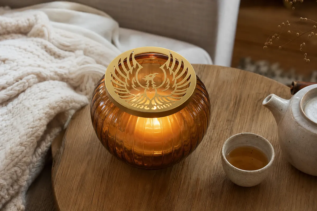 Couvercle rond en métal doré ajouré posé sur une jarre en verre ambré où brûle une bougie, sur une table basse en chêne