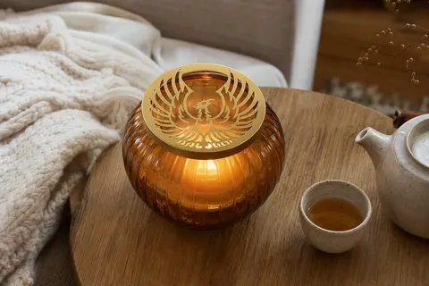 Couvercle rond en métal doré ajouré posé sur une jarre en verre ambré où brûle une bougie, sur une table basse en chêne