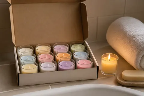 Coffret ouvert de douze bougies parfumées en verre sur le rebord d'une baignoire, une bougie allumée