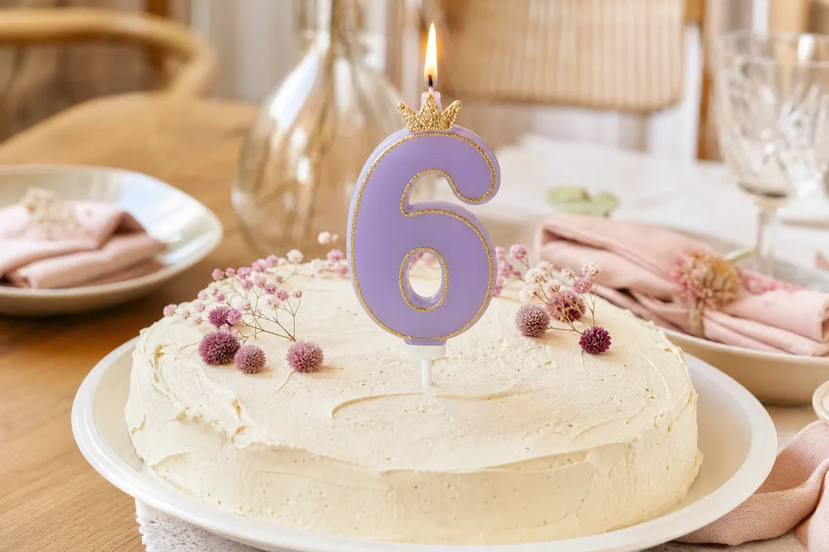 Bougie chiffre 6 lilas à couronne dorée allumée sur un gâteau nappé de crème ivoire