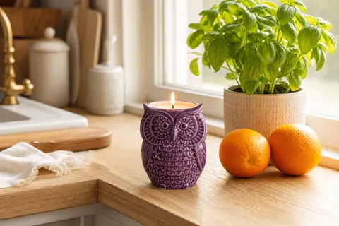Bougie parfumée en céramique violette en forme de hibou, allumée sur un rebord de fenêtre près d'oranges