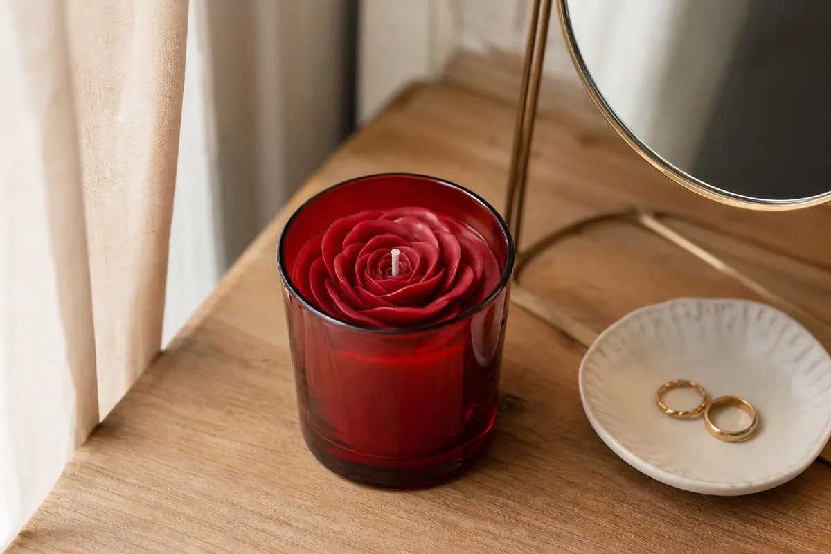 Bougie rouge surmontée d'une rose de cire sculptée, posée sur une coiffeuse en bois clair près d'un petit miroir