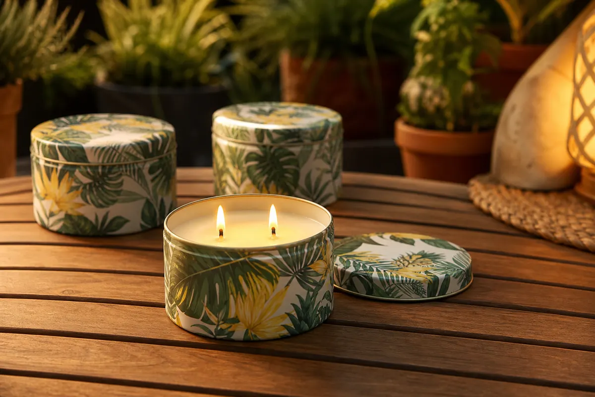 Bougie citronnelle en boîte métal à motifs tropicaux, deux mèches allumées, sur une table de jardin