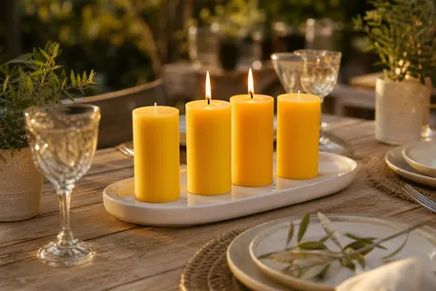Quatre bougies piliers jaunes à la citronnelle sur un plateau blanc, dont deux allumées, table de jardin