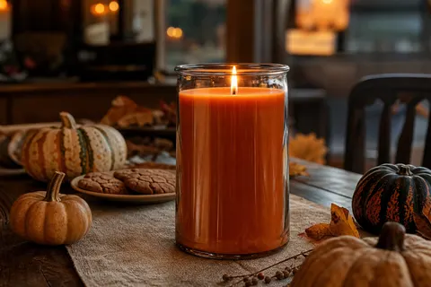 Grande bougie en jarre de verre à la cire orange ambrée, allumée sur une table en bois avec courges et biscuits