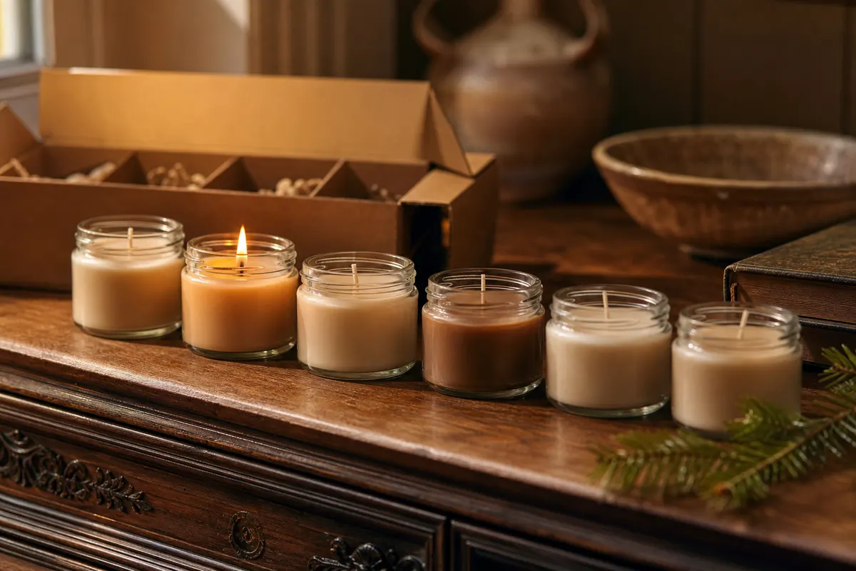 Six petites bougies en pots de verre alignées sur une commode en bois, dont une allumée, à côté de leur coffret ouvert