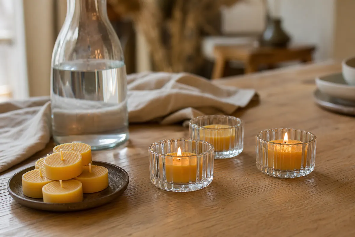 Bougies chauffe-plat en cire d'abeille en réserve et dans des photophores sur une table en bois clair