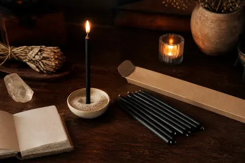 Chandelle rituelle noire allumée dans une coupelle de sable, autres chandelles et carnet sur bois sombre