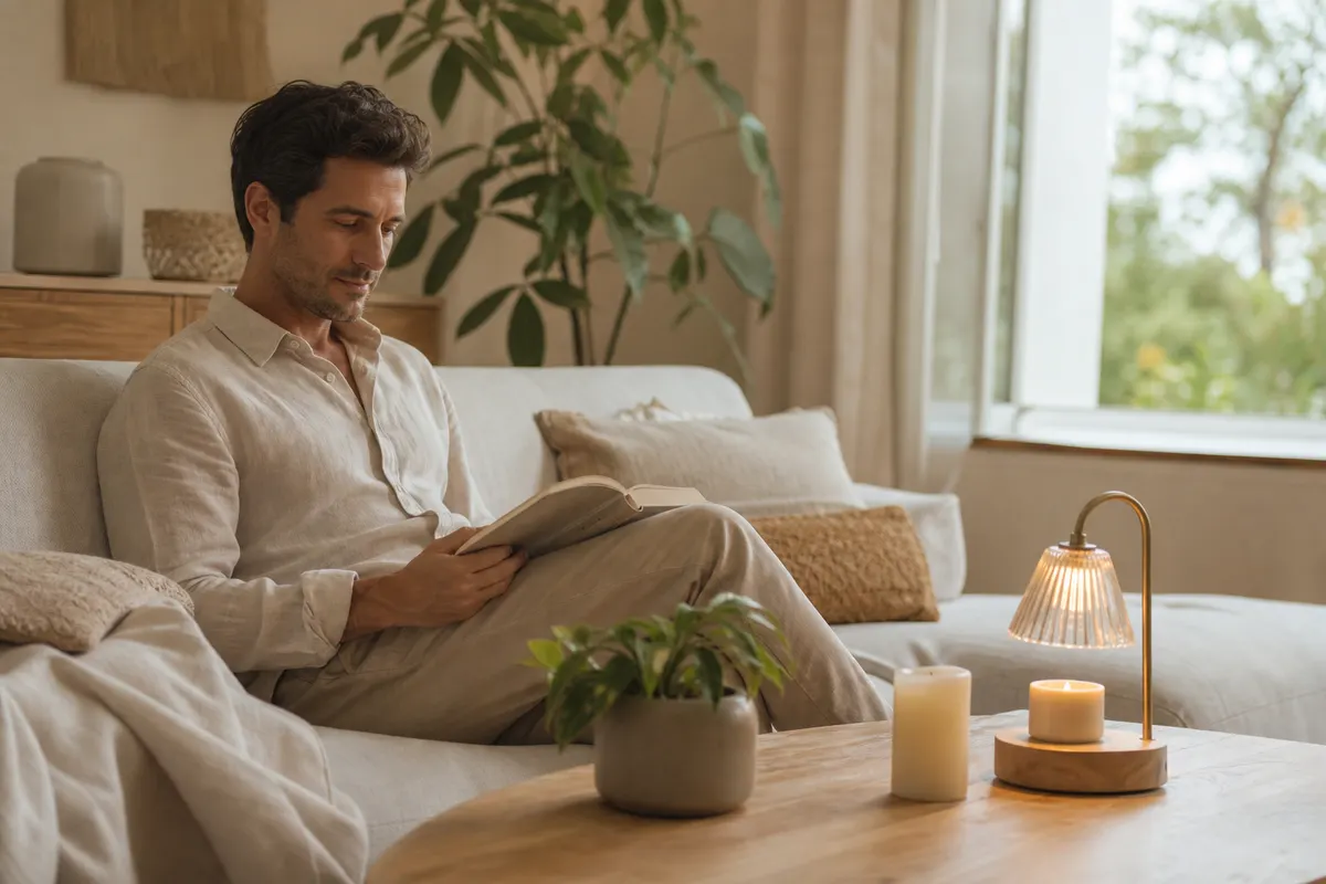 Salon aéré au matin avec un chauffe-bougie électrique en fonctionnement et une bougie LED sur une table basse en chêne