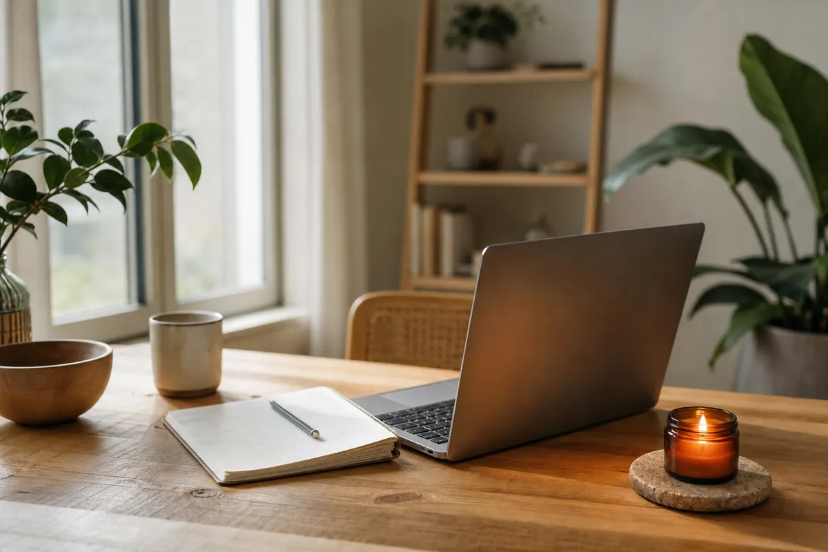 Petite bougie en pot allumée sur un dessous en pierre, à distance d'un ordinateur portable, sur un bureau de télétravail