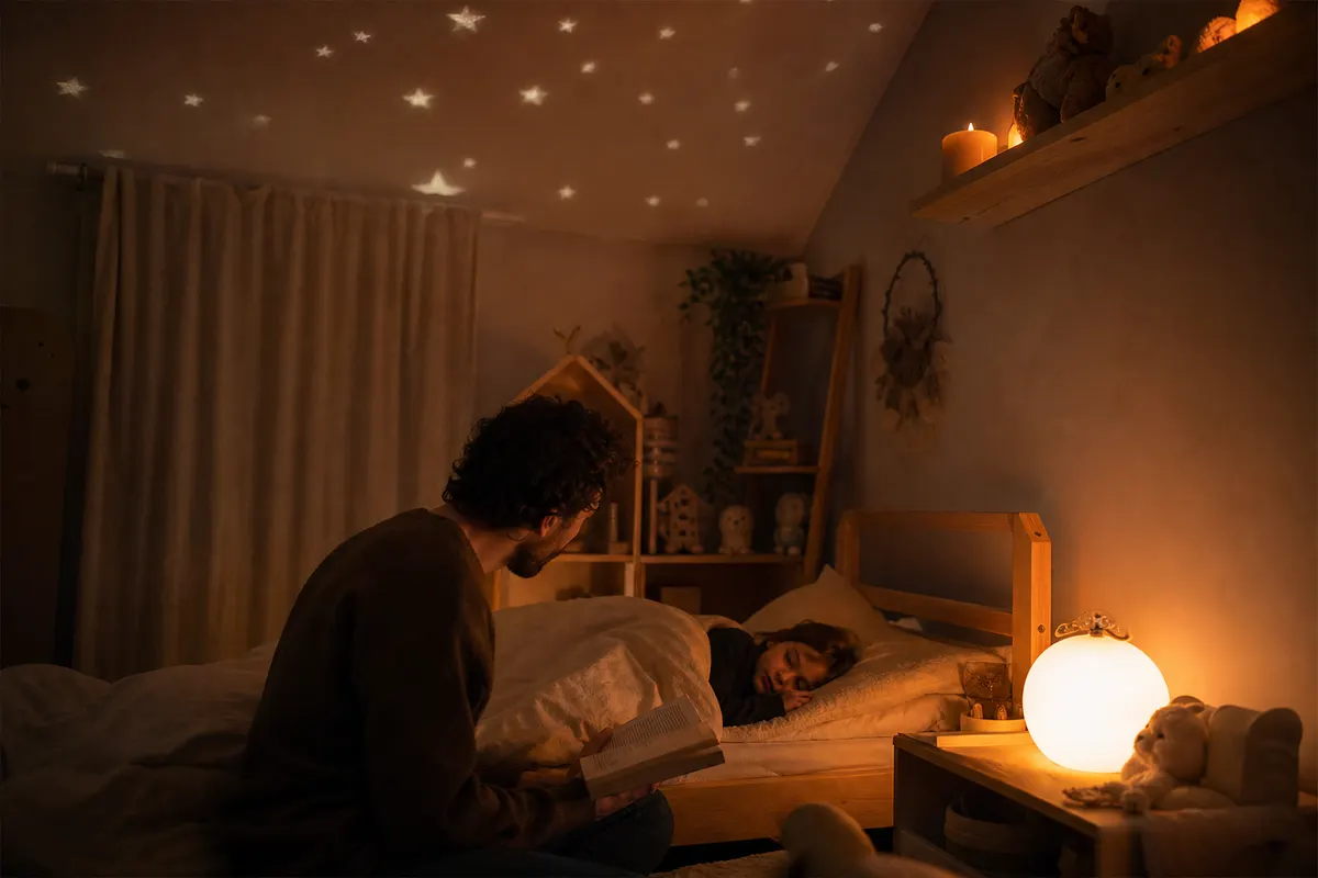 Chambre d'enfant le soir avec une bougie LED sur une étagère haute et une veilleuse orangée sur la table de chevet