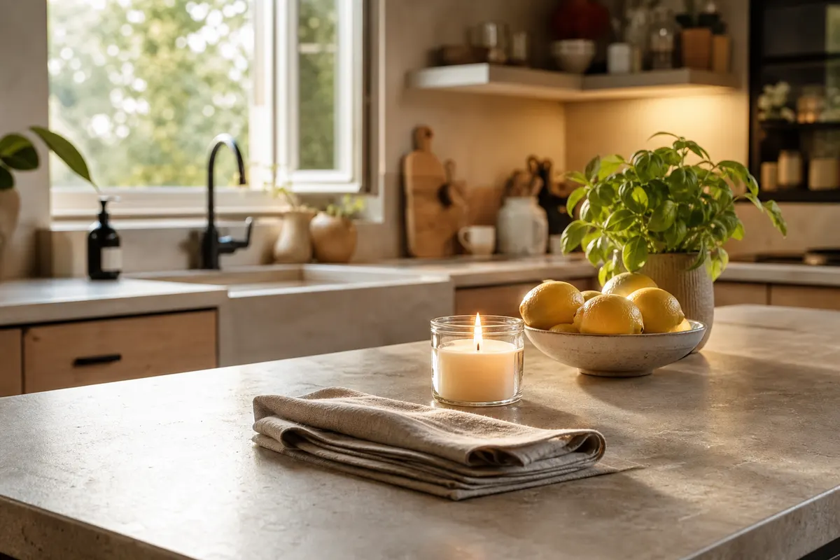 Bougie parfumée en pot de verre allumée sur un plan de travail de cuisine, loin des plaques, près de citrons et de basilic