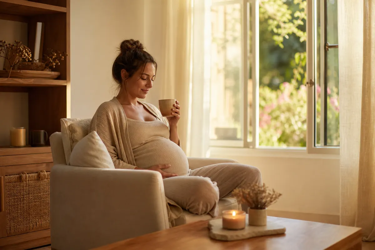 Femme enceinte assise dans un salon aéré, petite bougie en pot de cire végétale allumée sur une table basse en bois