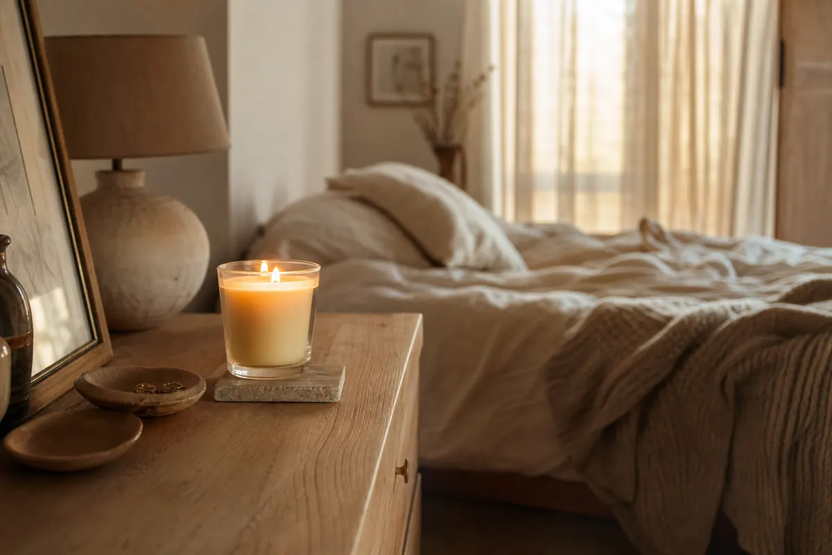 Petite bougie parfumée en pot allumée sur une commode en bois, posée sur un dessous en pierre, dans une chambre calme le soir
