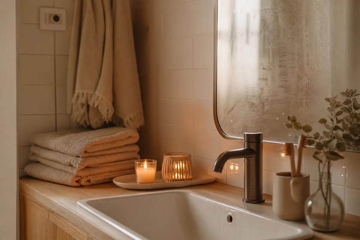 Bougie votive et chauffe-plat dans un photophore posés sur un plateau au bord du lavabo d'une salle de bain claire