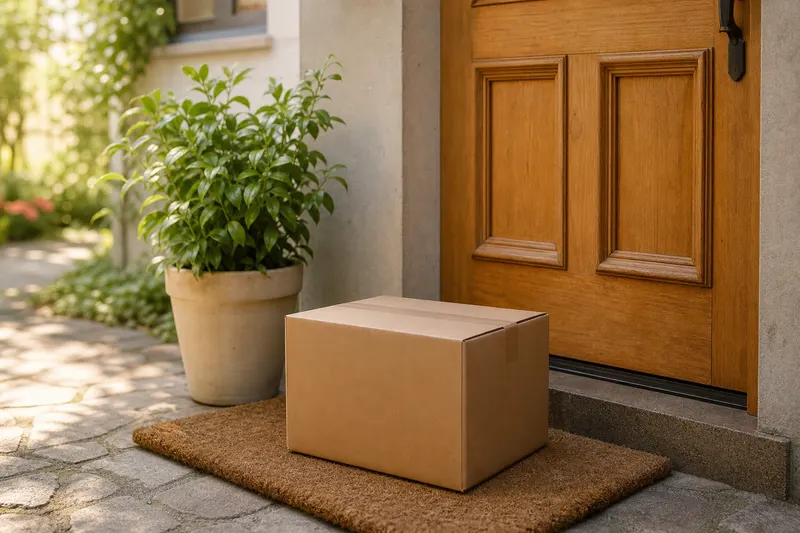 Colis Amazon déposé devant une porte d'entrée
