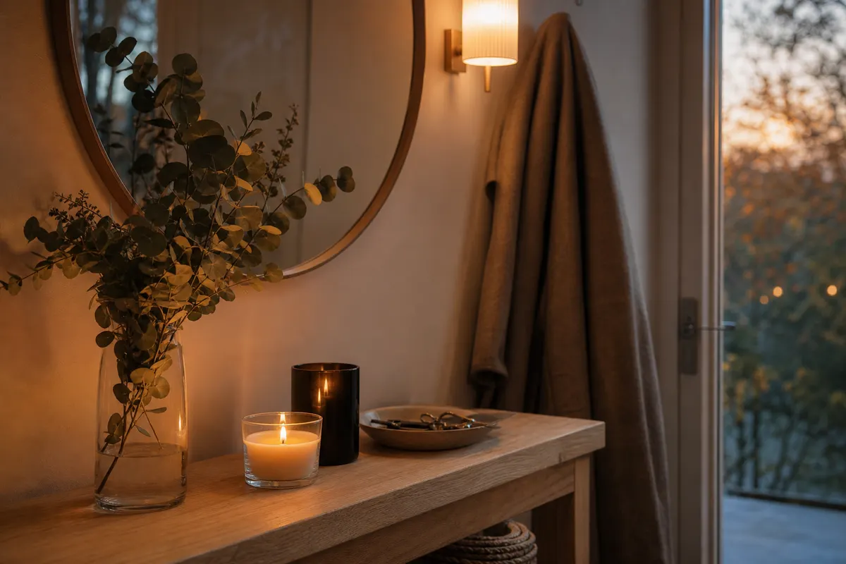 Petit pot de verre et grand verre noir allumés sur une console en chêne, entrée d'appartement en fin d'après-midi d'automne