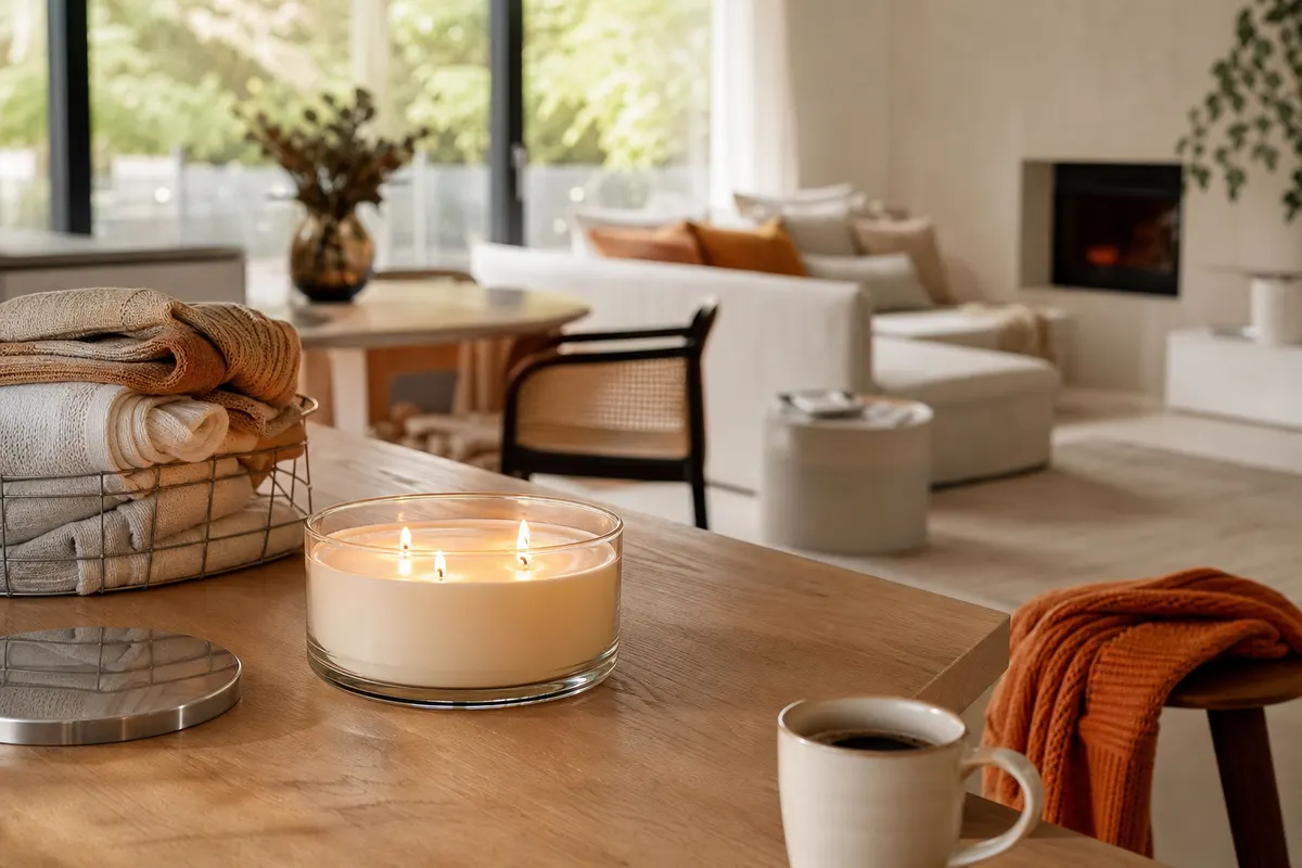 Bougie à trois mèches dans un pot de verre large, couvercle en métal posé à côté, sur un plan de travail en bois dans une cuisine