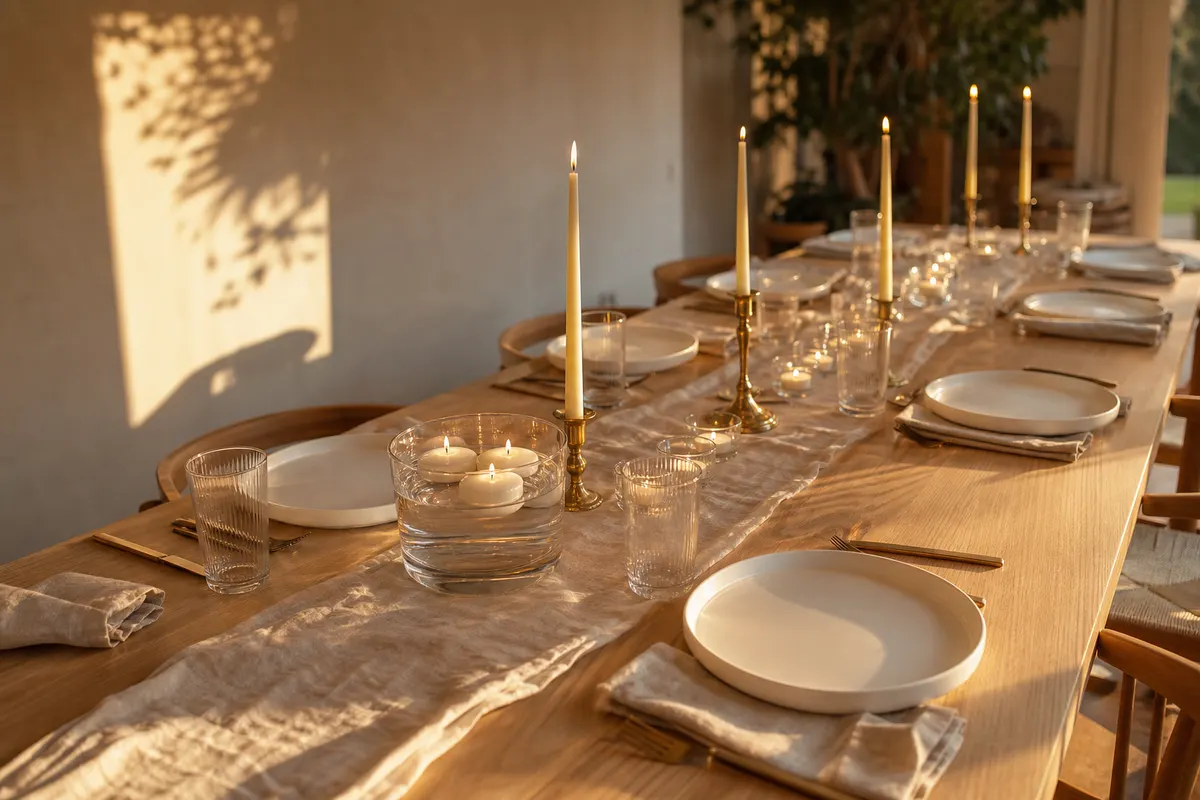 Table de dîner en bois avec chandelles ivoire, bougies flottantes dans une coupe en verre et chauffe-plat dans des photophores